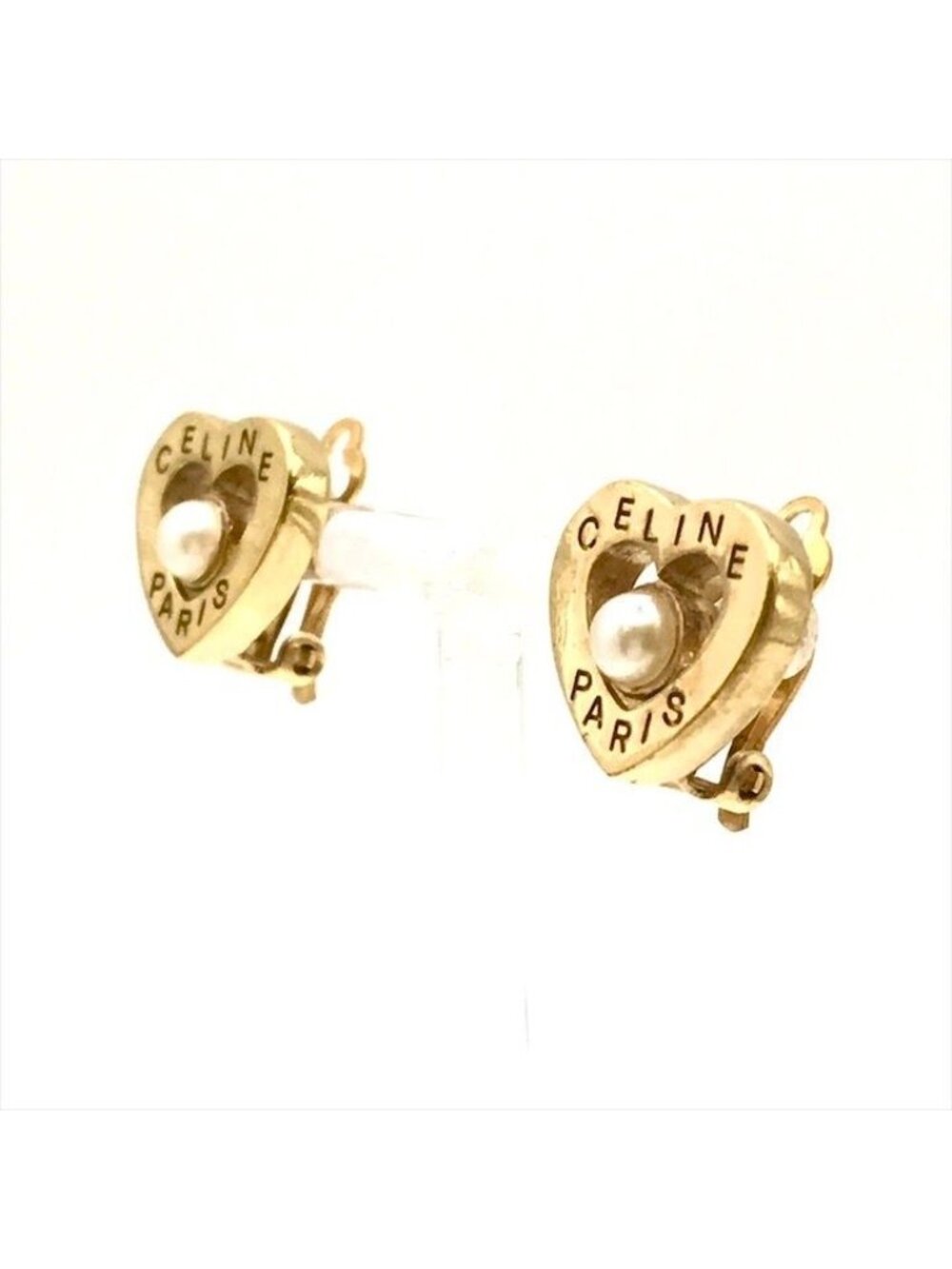 Celine Logo Heart Motif Pearl Earrings Gold - Picture 2 of 6